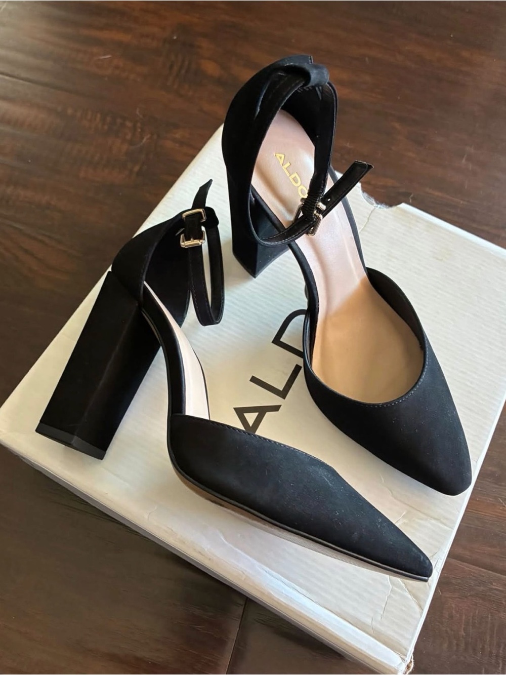 Aldo Black Pointed-Toe Ankle-Strap Block Heels
